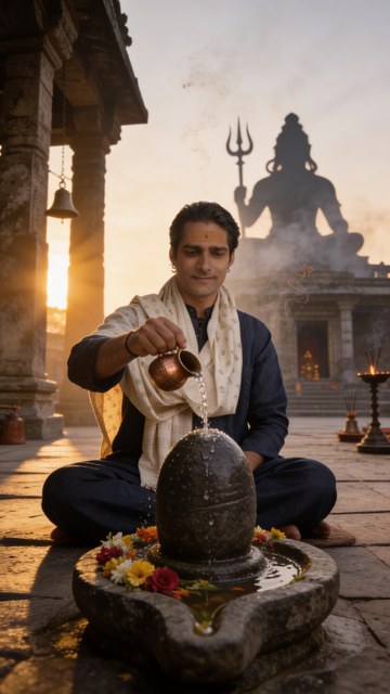 Saheb performing abhishekam at a Shiva temple at dawn